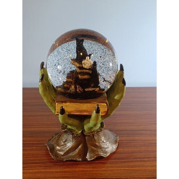 Halloween Spooky Witch Hand Black Cat Book of Spells Water Globe with Black Bats - Picture 2 of 16